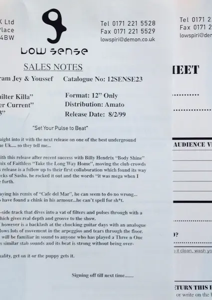 Sharam & Youssef - Phat Philter Killa, Electronic, Progressive House, Tech House, 1998 - Low Sense, UK, Vinyl 1x 12", White L