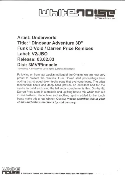 Underworld - Dinosaur Adventure 3D, Electronic, Tech House, Techno, 2002 - JBO, V2, Europe, Vinyl 1x 12", Single, Promo, 33 ⅓