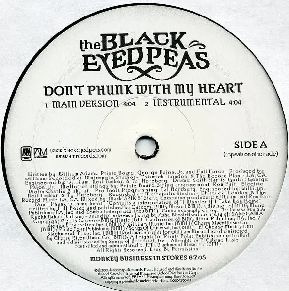 Black Eyed Peas - Don't Phunk With My Heart, Hip Hop, Pop Rap, 2005 - A&M Records, Interscope Records, US, Vinyl 1x 12"