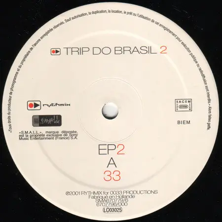 Various - Trip Do Brasil 2 - EP2, Electronic, House, Latin, 2001 - Rythmix, Small, France, Vinyl 1x 12", 33 ⅓ RPM, 45 RPM, EP